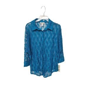Womens Sheer Long Sleeve Lace Top Size M Y2K Button Up Dolman Sleeve NWT